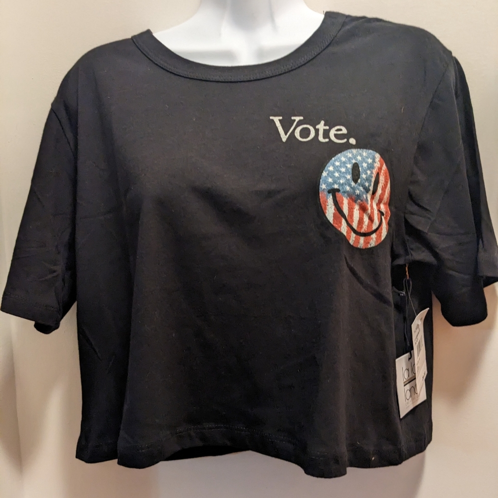 Vote women's small black cropped short sleeved smiley face t shirt NWT